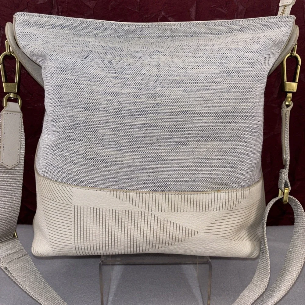 Fossil Maya Collection Hobo Cream & Blue Leather Canvas Adjustable Crossbody EUC